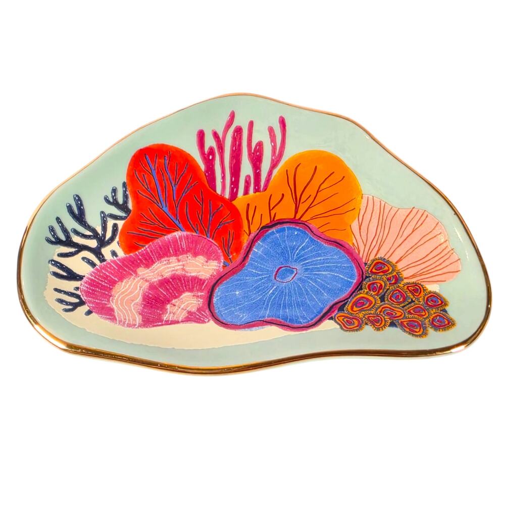 Danica Studio Neptune Trinket Tray Mint Green Ceramic Coral Gold Trim Dish